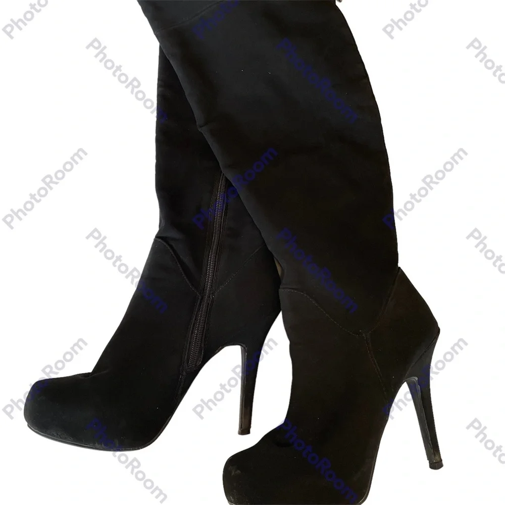 Madeline Girl Suede Thigh High Heeled Boots Black Size 7M - Picture 2 of 8